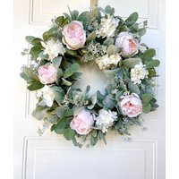 Lambs Ear & Eucalyptus Spring Wreath For Front Door, Hydrangea Farmhouse Wreath, Summer White Pink F | Etsy (US)