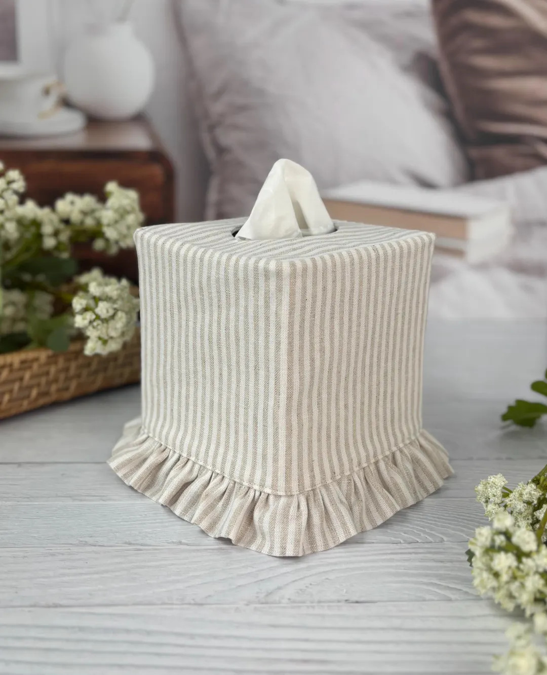 Natural Striped Ruffle Tissue Box Cover, Linen Cotton Farmhouse Bathroom Decor | Etsy (US)