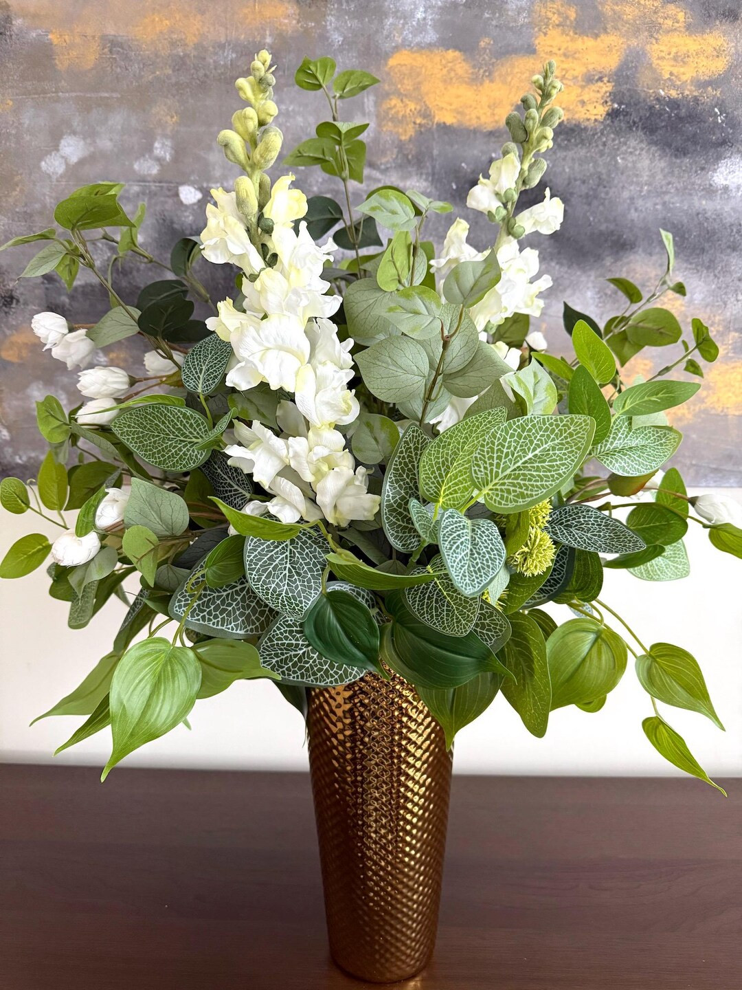 Greenery Arrangement in Tall Gold Vase, Elegant Arrangement, Luxury Centerpiece for Living Room, ... | Etsy (US)