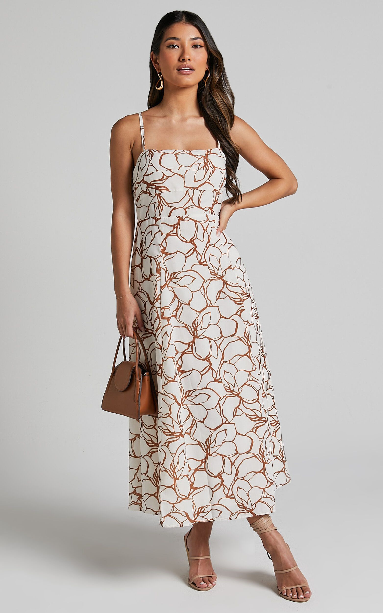 Nylia Midi Dress - Strappy Fit and Flare Dress in White Floral | Showpo (US, UK & Europe)