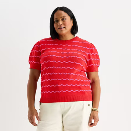 St. John's Bay Plus Womens Crew Neck Short Sleeve Striped Pullover Sweater, 2x, Red | JCPenney