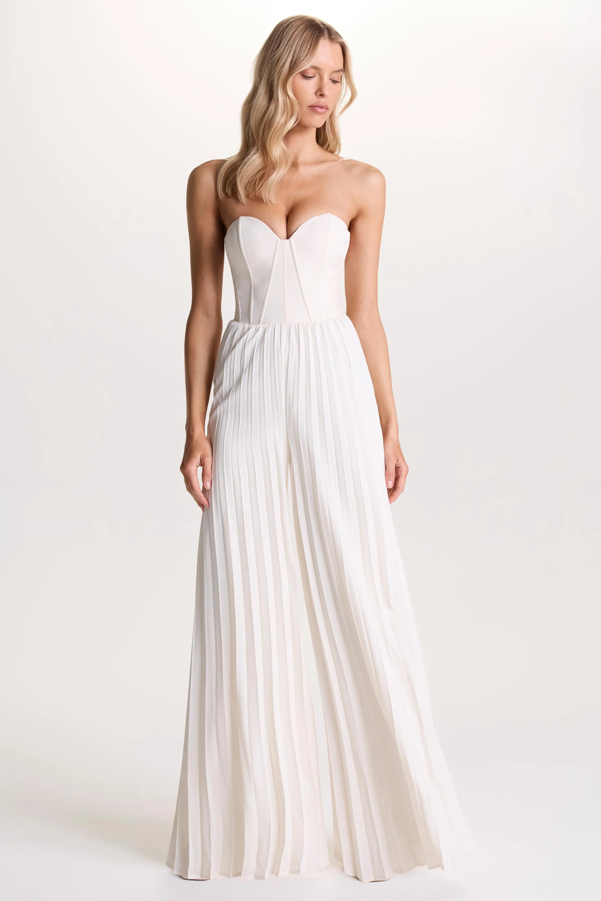 Lorelai  Cream Corset Plisse Wide-Leg Jumpsuit | Club L London