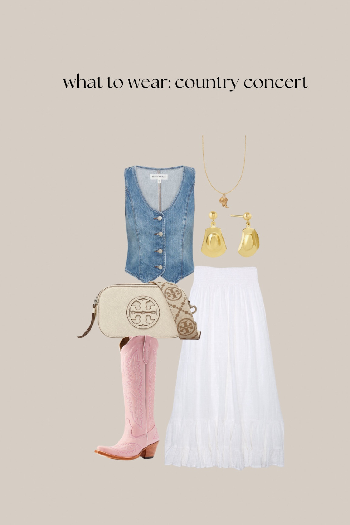 Country concert outfit. 

Cowgirl boots, western style, maxi skirt, denim vest, aritzia, Tory Burch. 

#LTKShoeCrush #LTKSeasonal #LTKStyleTip