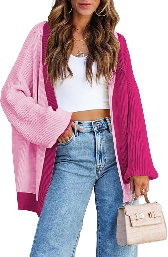 Pink Queen 2023 Fall Long Cardigans for Women Batwing Sleeve Open Front Ribbed Knit Oversized Car... | Amazon (US)