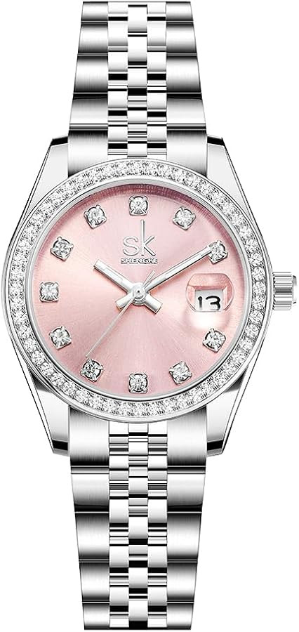 SHENGKE Women's Crystal Accented with Solid Alloy Steel Band Watch Elegant Dress Quartz Calendar ... | Amazon (UK)