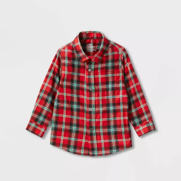 Toddler Boys' Adaptive Long Sleeve Woven Button-Down Shirt - Cat & Jack™ Red | Target