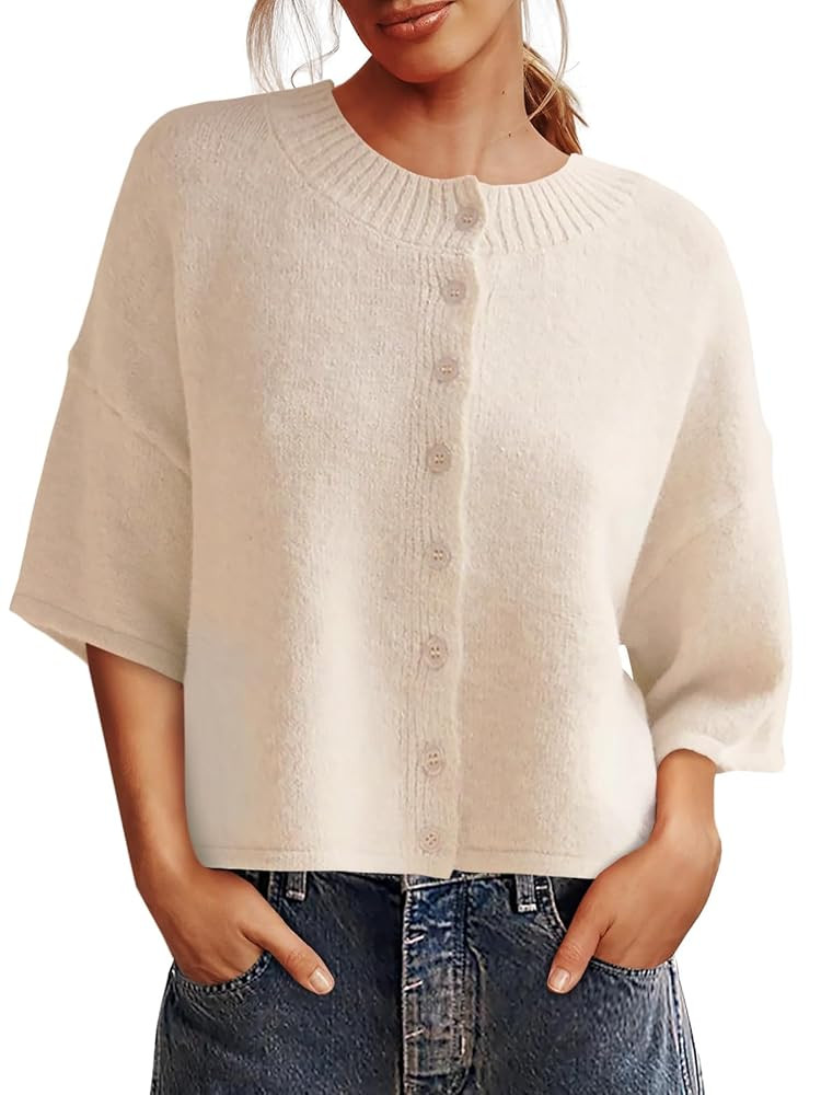 Saodimallsu Womens 3/4 Sleeve Cardigan Sweater Button Down Cropped Crewneck Cardigan 2025 Fall Ca... | Amazon (US)