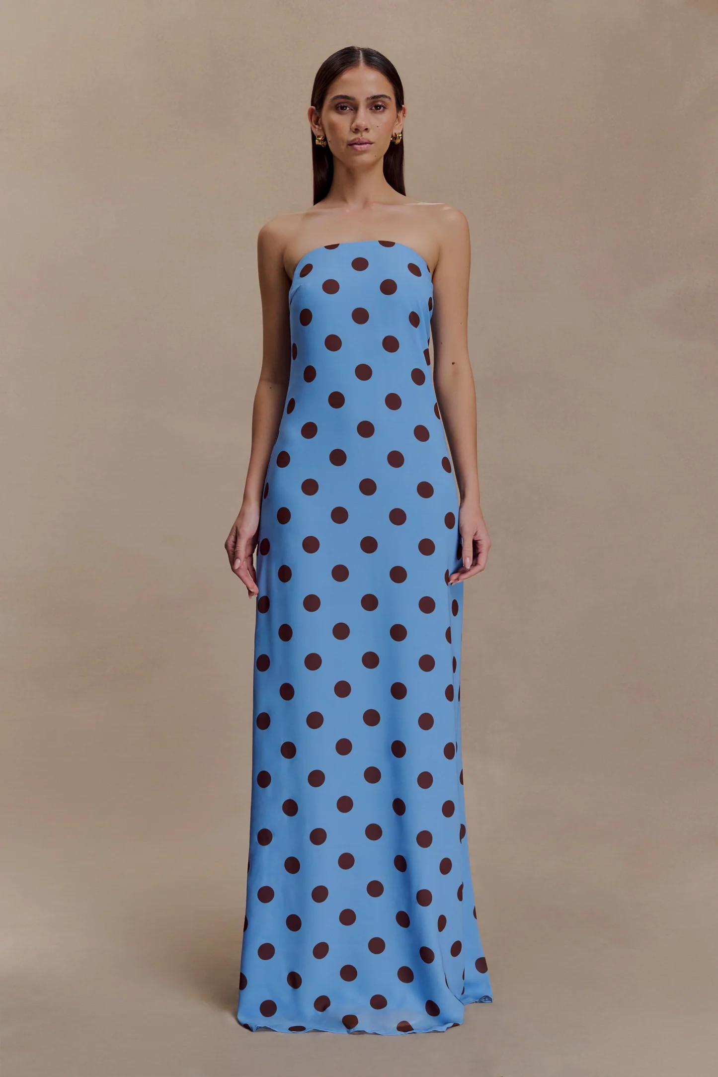 Amaya Strapless Chiffon Maxi Dress - Blue Polka Dot | MESHKI US