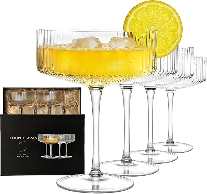 4 Pcs Coupe Glasses, Hand Blown 10 oz Cocktail Glasses, Ribbed Glasses, Gift Boxed Drinking Glass... | Amazon (US)