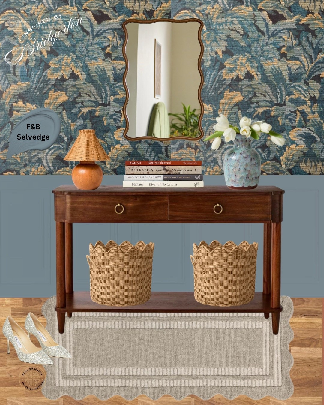 Bridgerton inspired entryway! Bring some Regent-era glamour to your house! Console table, leaf wallpaper, blue vase, scalloped rug and baskets, silver shoes! 

#LTKSeasonal #LTKSaleAlert #LTKHome