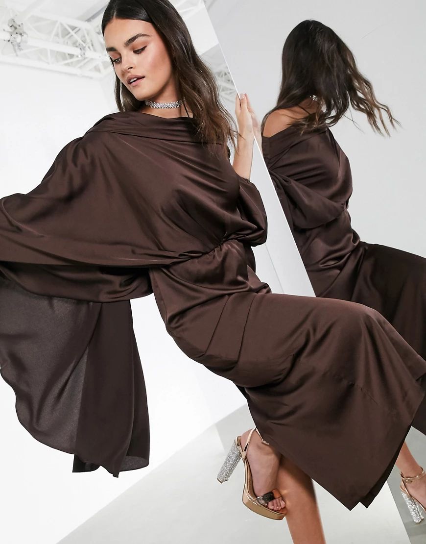 ASOS EDITION satin asymmetric midi dress in chocolate-Brown | ASOS (Global)