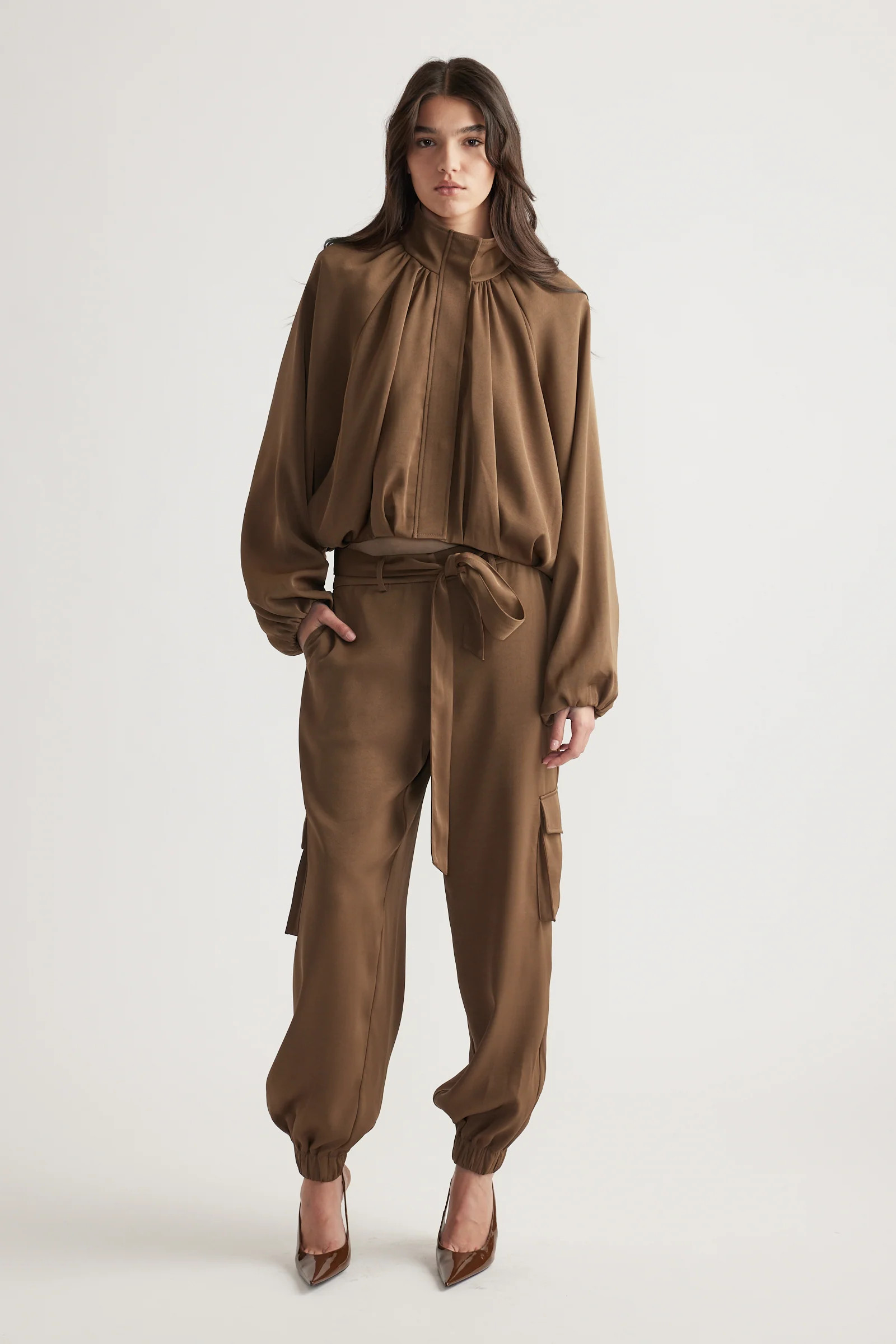 Stella Satin Cargo Pants - Bronze | DECJUBA