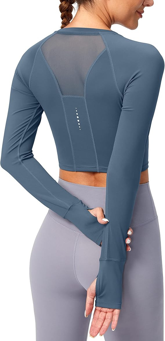 SANTINY Women's Long Sleeve Crop Workout Tops Slim Fit Gym Yoga Running Shirts for Women | Amazon (US)