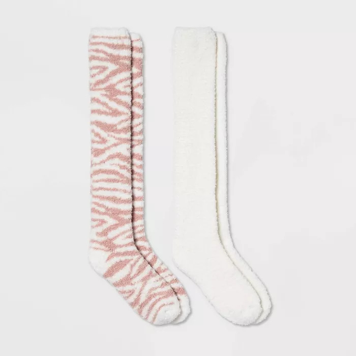 Women's Zebra 2pk Cozy Knee High Socks - Pink/Cream 4-10 | Target