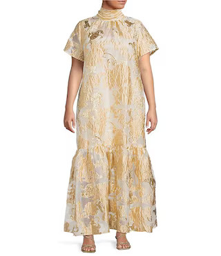 Sugarlips Plus Size Mimy Floral Dime Organza Mock Neck Short Sleeve Tiered Maxi Dress | Dillard's | Dillard's
