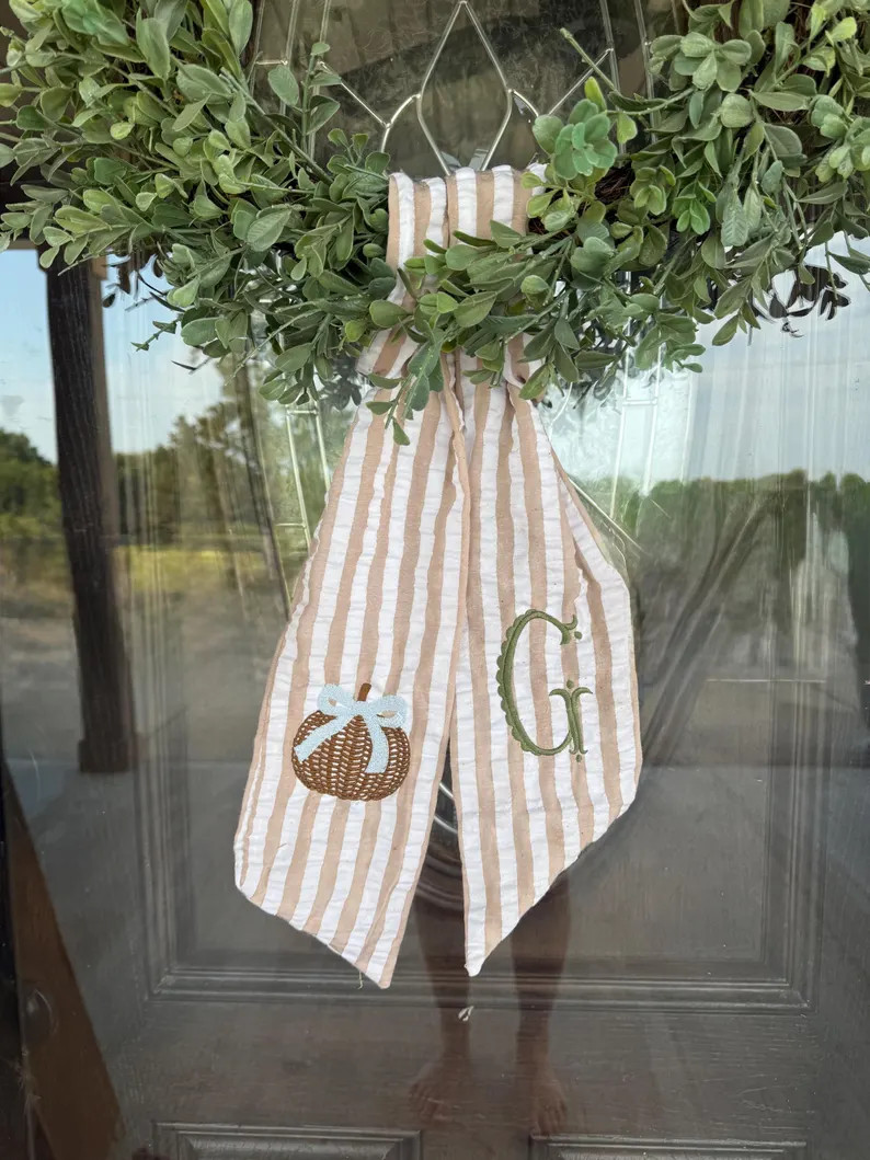 Monogrammed Wreath Sash for Fall Front Door, Basket Weave Pumpkin With Bow - Etsy | Etsy (US)