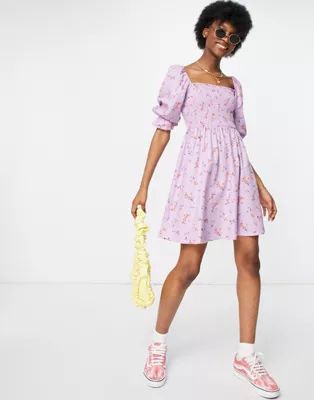 New Look shirred mini dress in lilac floral | ASOS (Global)