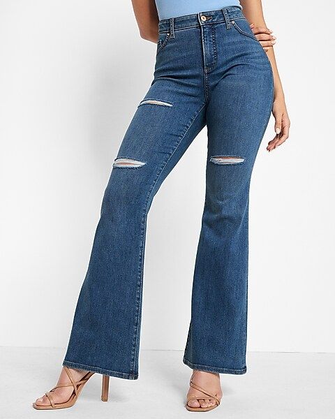Curvy High Waisted Dark Wash Ripped Flare Jeans | Express