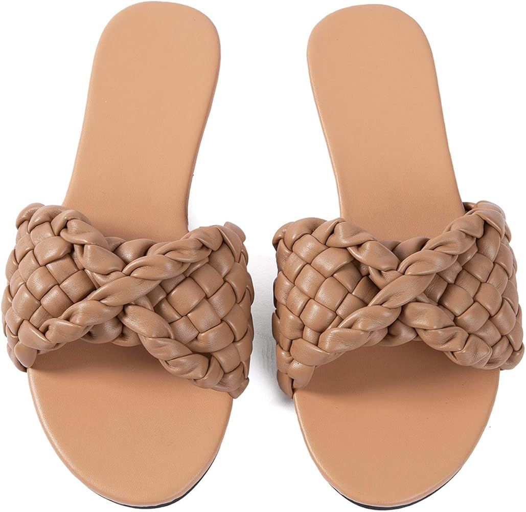 Women Flat Sadals Woven Leather Crossover Braided Fashion Sandals Flat Dressy Flip-Flops | Amazon (US)