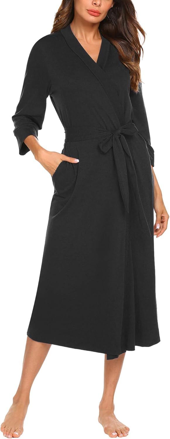 MAXMODA Women Kimono Robes Cotton Lightweight Long Robe Knit Bathrobe Soft Sleepwear V-Neck Ladie... | Amazon (US)