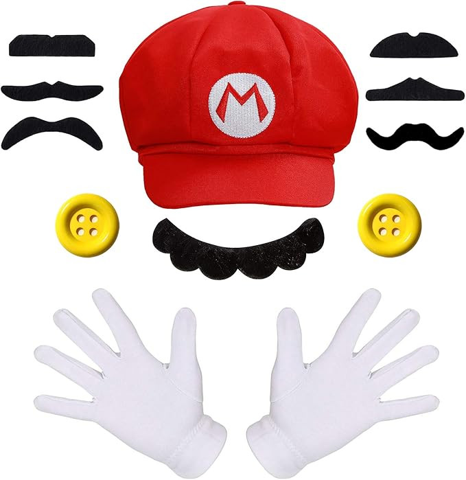 Super Mario Bros Mario and Luigi Hats Mustaches Elastic Suspenders Gloves Buttons Cosplay Costume | Amazon (US)