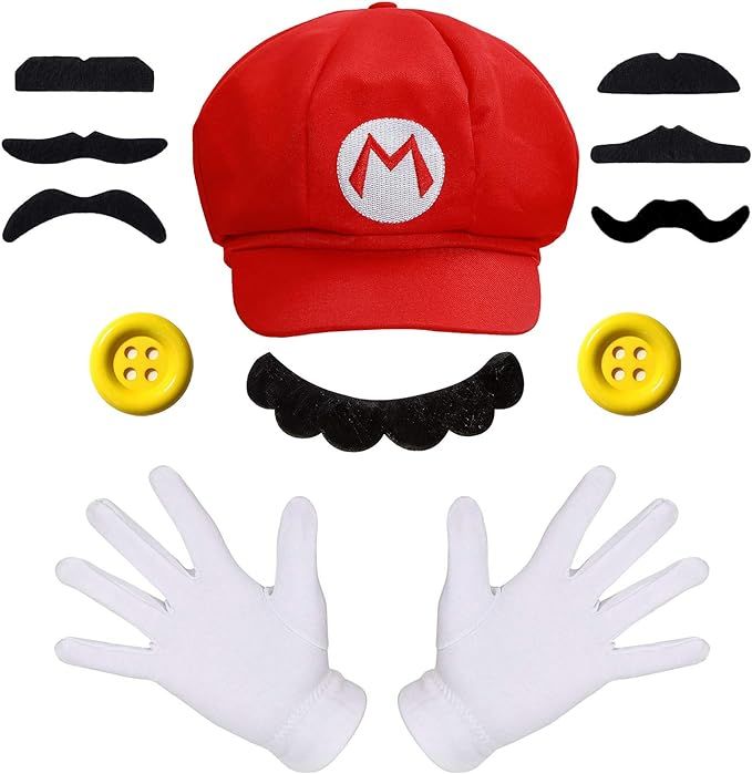 Super Mario Bros Mario and Luigi Hats Mustaches Elastic Suspenders Gloves Buttons Cosplay Costume | Amazon (US)
