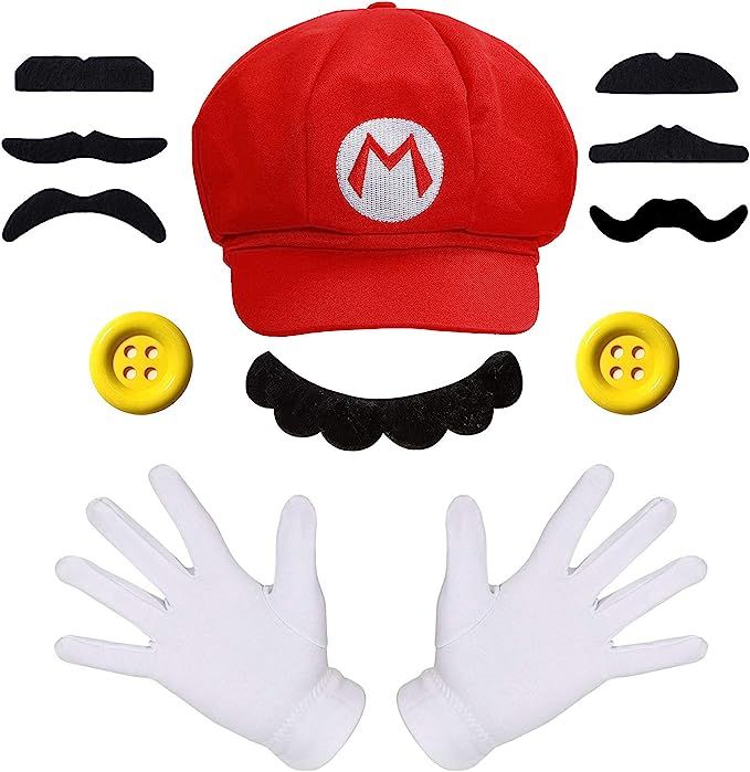Super Mario Bros Mario and Luigi Hats Mustaches Elastic Suspenders Gloves Buttons Cosplay Costume | Amazon (US)