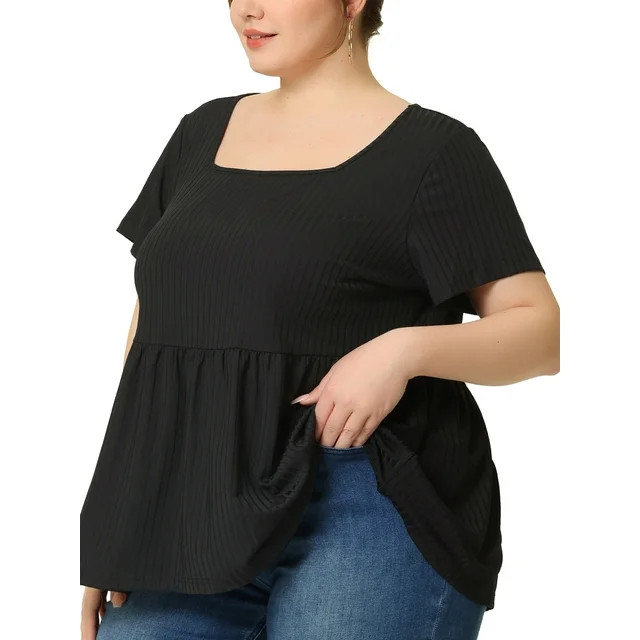 Agnes Orinda Women's Plus Size Rib Solid Peplum Square Neck Babydoll Blouse 4X Black | Walmart (US)