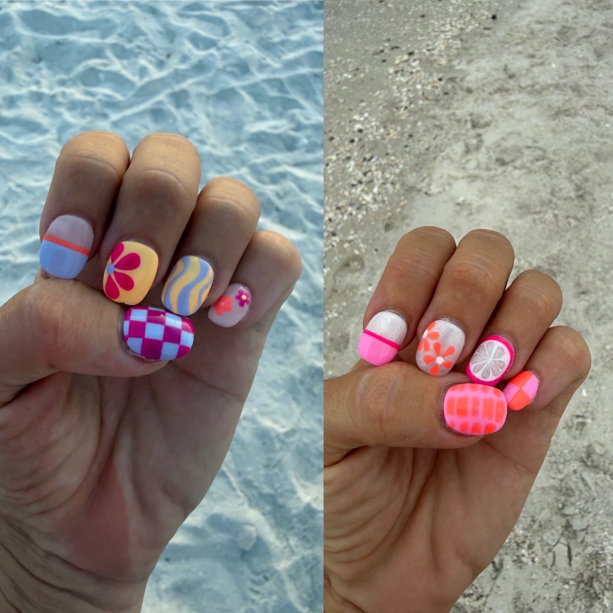 Two weeks. Two nail sets. Zero regrets. 😍

I packed two custom press-on sets for our Florida vacation because if we’re being honest… one set of nails for ten days at the beach just wasn’t enough. 😂

The first set carried me through week one with all the retro beach vibes, and the second set took over for week two with bright colors, flowers, waves, checkerboard prints, and all the summer fun. And somehow they’re still going strong.

Looking back, it’s funny how something as simple as a fresh set of nails can bring a little extra joy to everyday moments. God gives us so many gifts that we overlook—the beauty of a sunset, sandy toes, family vacations, laughter, and yes… even fun nails. 💕

I’m learning that gratitude isn’t just for the big blessings. It’s noticing the little ones too.

“Every good and perfect gift is from above, coming down from the Father of the heavenly lights.” — James 1:17

Save these for your next summer nail appointment if you love bright colors, playful designs, and nails that make you smile every time you look at them. ☀️🌴💅

#LTKselfcare #LTKBeauty #LTKOver40