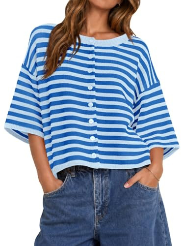 Saodimallsu Womens Short Sleeve Cardigan Cropped Striped Button Down Oversized Lightweight Knit S... | Amazon (US)