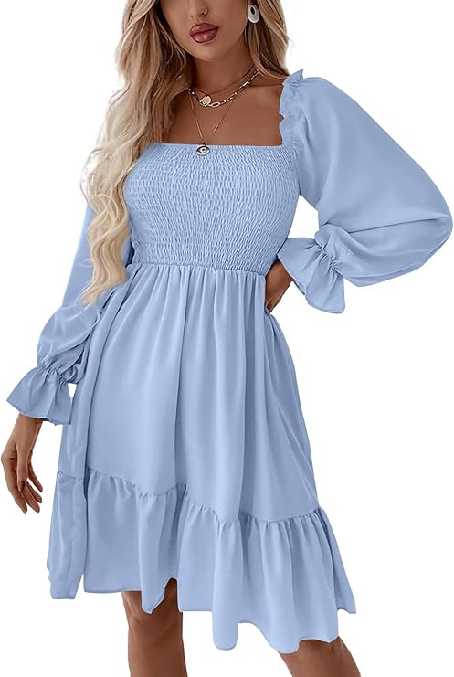LYANER Women's Square Neck Lantern Long Sleeve Ruffle Shirred Flowy Party Mini Dress | Amazon (US)