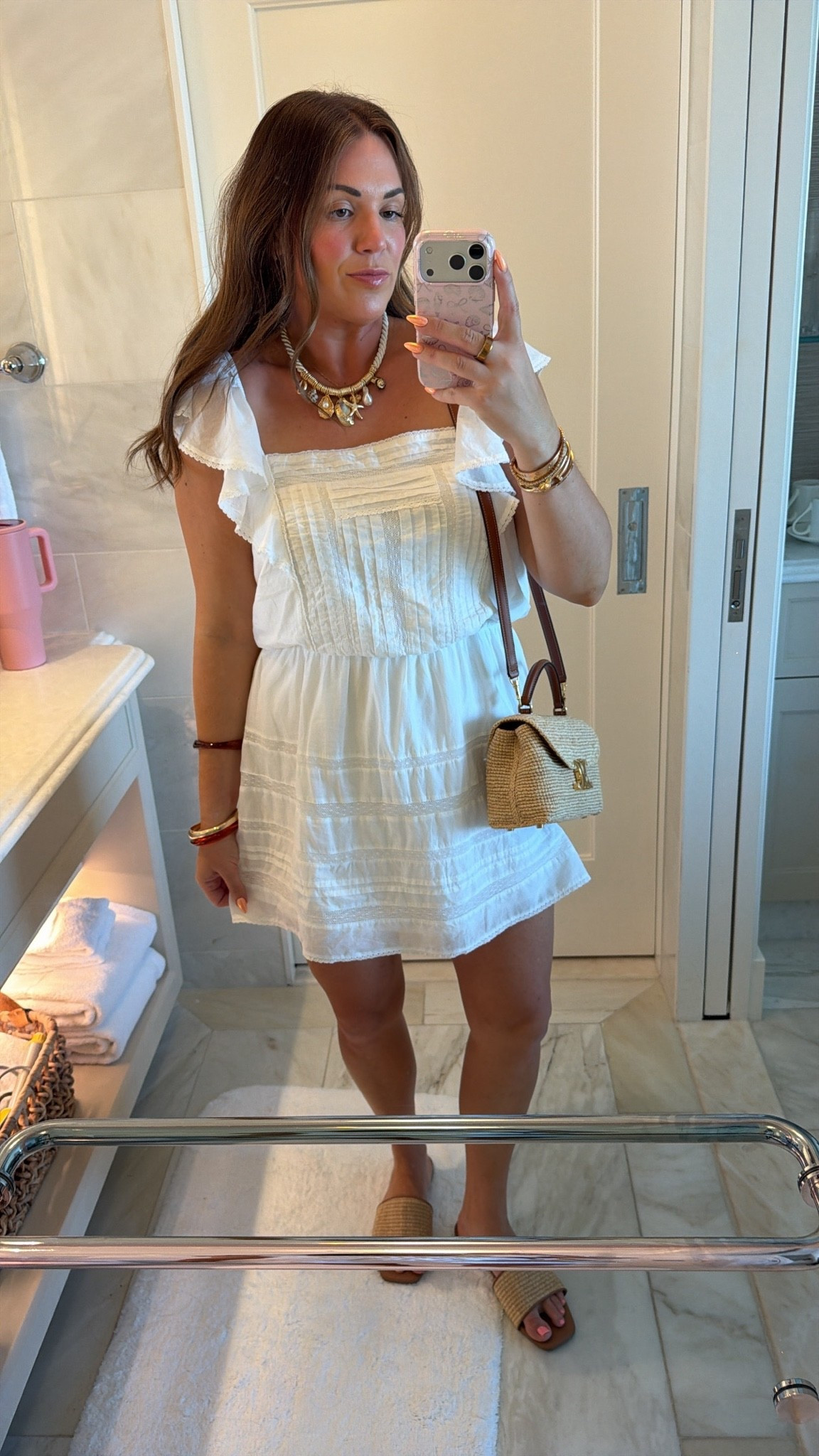 curvy midsize white mini dress look! wearing a size medium and it has shorts! added raffia and seashell accessories 🐚🤍

#LTKMidsize #LTKTravel #LTKSeasonal