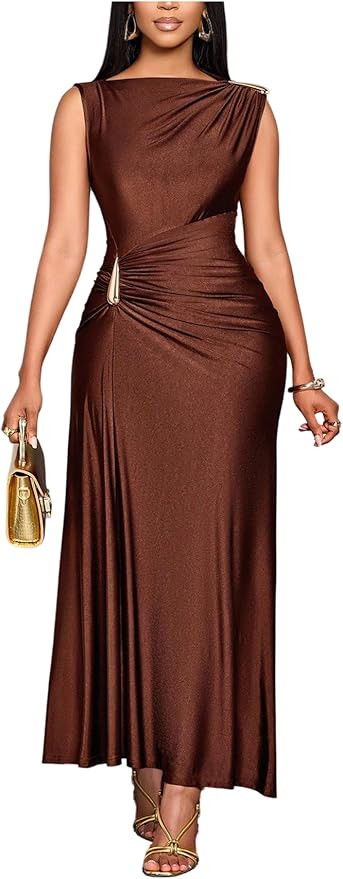 Milumia Women's Elegant Ruched Boat Neck Dress Metal Sleeveless Wedding Party Long Maxi Tank Dres... | Amazon (US)