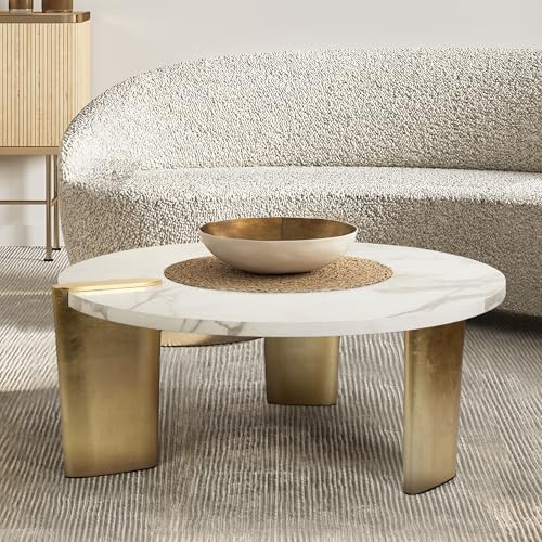 Round Coffee Table, Modern Living Room Coffee Table White Center Table with Marble Veneer Top and Gold Foil Legs, 37" Dia | Amazon (US)