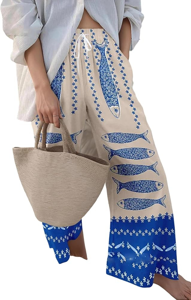 Women's Sardine Graphic Palazzo Pants Elastic Wide Leg High Waisted Beach Vacation Long Trousers ... | Amazon (US)