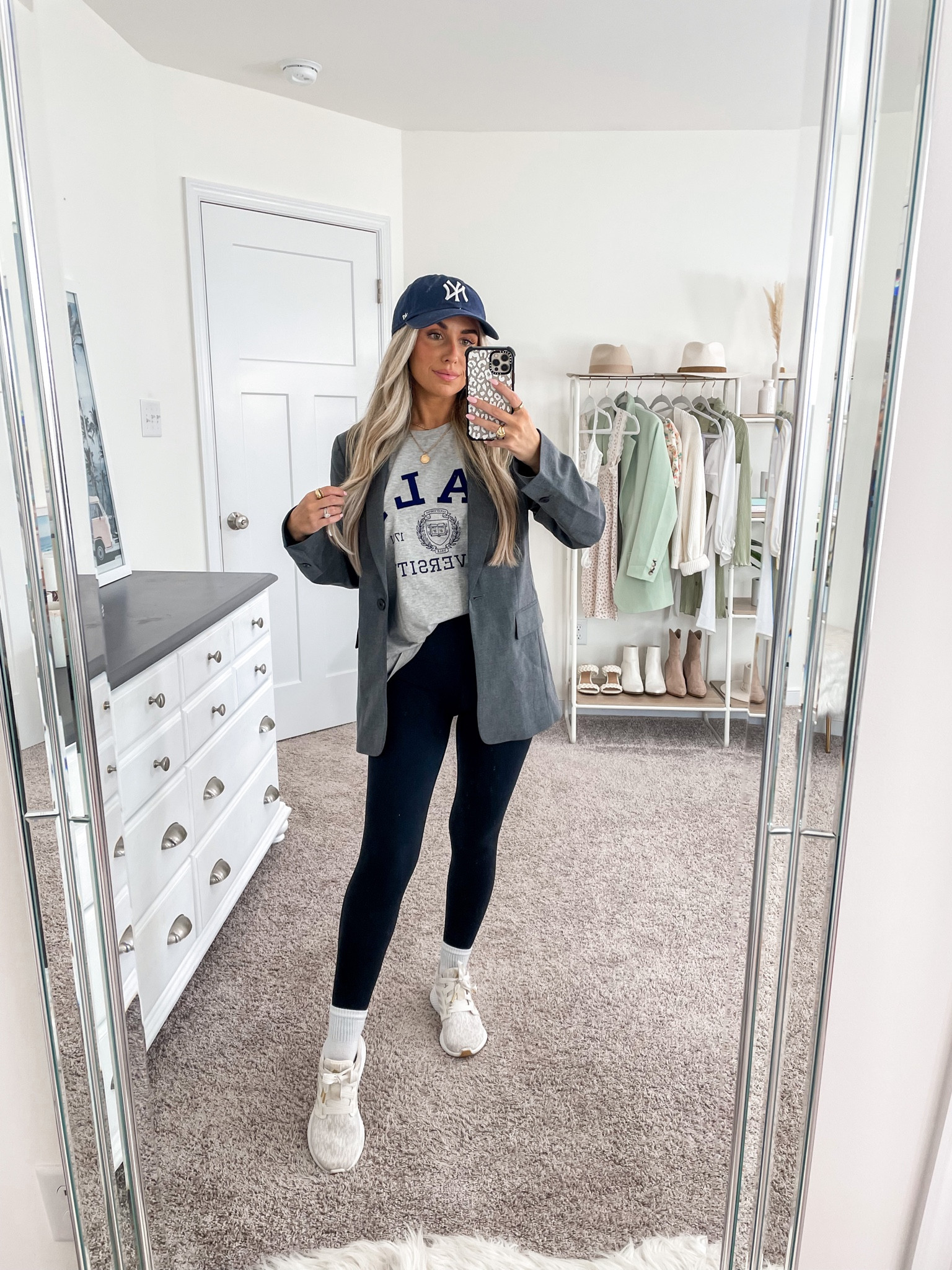 Casual athleisure fall outfit inspo 🫶🏼 
+ H&M dark grey blazer | xs 
+ H&M Yale graphic tee | medium 
+ Amazon leggings | xs 25 inch 

#LTKunder50 #LTKstyletip #LTKSeasonal