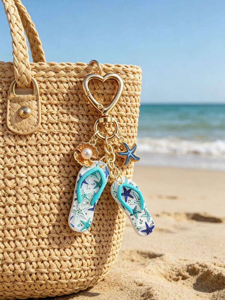 1pc Vacation Ocean-Themed Blue Starfish And Flip Flops And Pearl Shell Pendant Keychain, Stylish Alloy Key Chain Ring, Bag Backpack Charm Car Key Holder, Perfect Accessories For Women's Daily Use, Great Couples Gift, Classic And Simple Keychain, Decoration, Bag Accessories,Perfect For Beach Holidays, Ideal For Beach Party Gifts | SHEIN