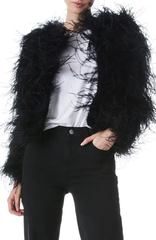 Alice + Olivia Kidman Feather Boxy Jacket in Black at Nordstrom, Size Large | Nordstrom