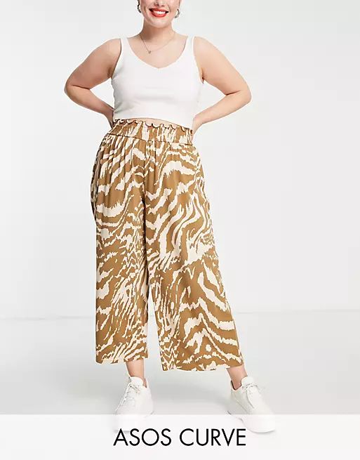 ASOS DESIGN Curve shirred waist culotte pants in animal print | ASOS (Global)