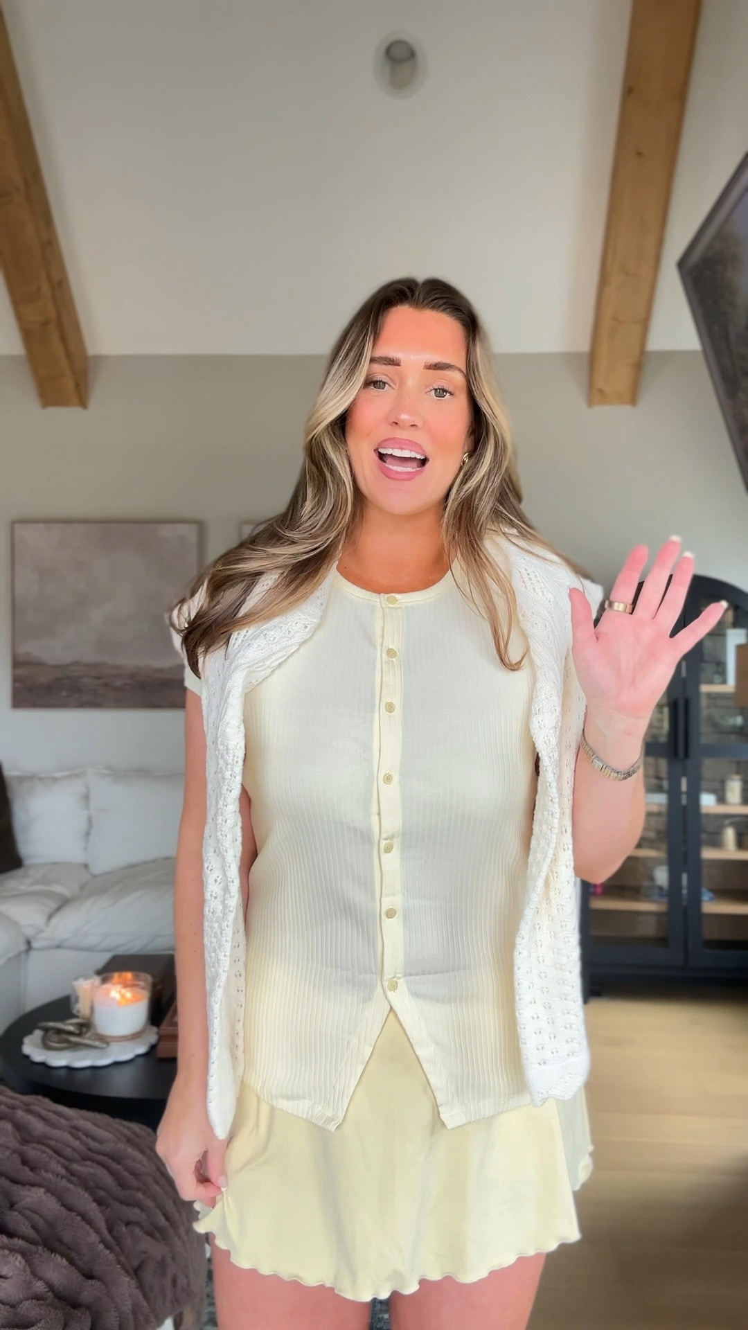 nail day ootd 💅🏻💛
5’10” | size 8-10
Sweater: medium 
Top: medium tall 
Skort: medium 
Flats: Size down 1/2 a size 

#LTKMidsize #LTKTall #LTKootd