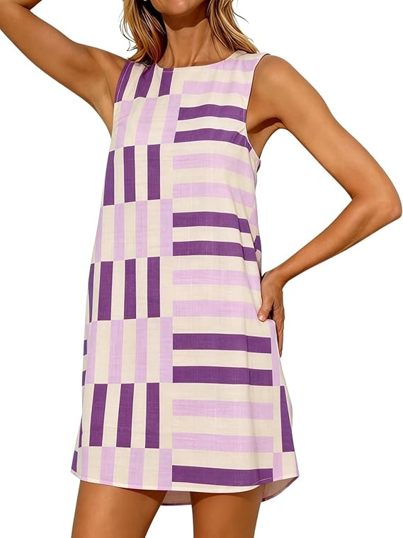 Womens Summer Boho A-Line Mini Dress Casual Color Block Sundress Sleeveless Beach Vacation Coveru... | Amazon (US)