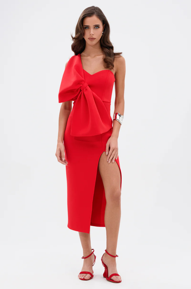 I WIN BOW FRONT MIDI DRESS | AKIRA
