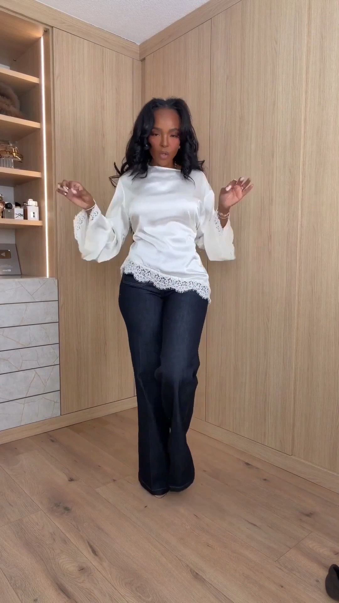 Satin on denim outfit 🤎✨

satin blouse, lace trim top, white going out top, dark wash jeans, jeans and a cute top, elevated denim outfit, date night outfit, dinner outfit, feminine blouse, petite outfit ideas

Wearing: Size Small/4 | 5’4” | 140 lbs | 34D-27-40

Download the FREE LTK app & follow @kirasfashionfinds to shop all my daily finds.