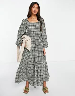 Ghospell square neck tiered maxi dress in check | ASOS (Global)