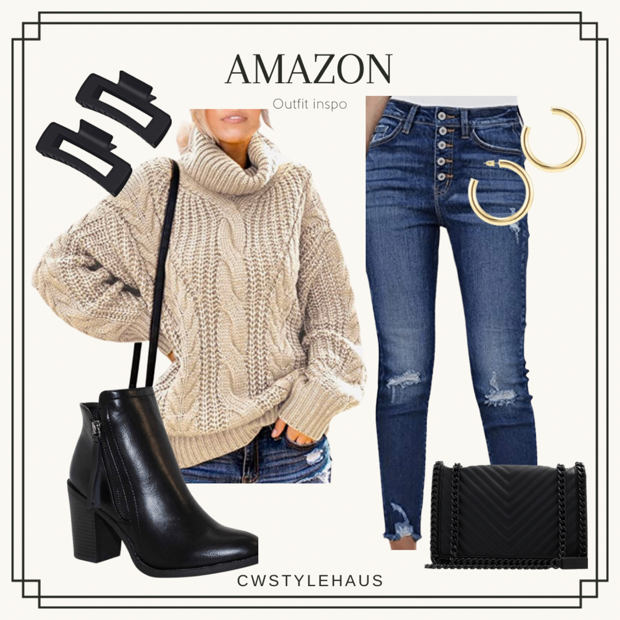 A M A Z O N //   Winter weather outfit inspo

Sweater knitted sweater cable knit sweater cowl neck sweater dark denim jeans black boots gold hoop earrings black claw clips black cross body bag

#LTKunder50 #LTKSeasonal #LTKstyletip