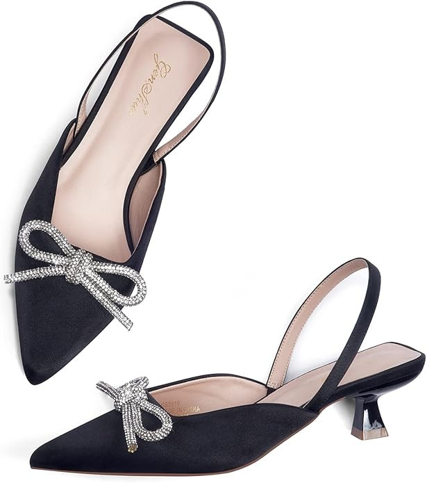 GENSHUO Slingback Rhinestone Bow Heels for Women Closed Pointed Toe Kitten Pumps Slip On Stiletto... | Amazon (US)