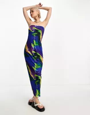 Only mesh strapless bodycon maxi dress in multi marble print | ASOS (Global)