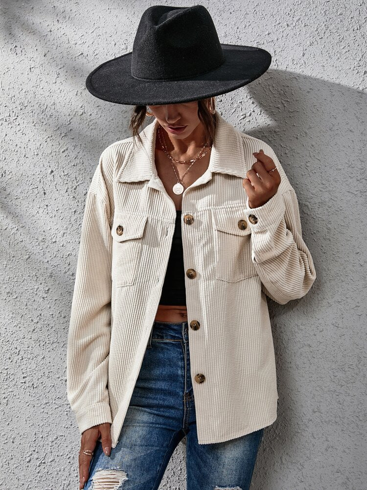 Flap Pocket Drop Shoulder Corduroy Coat | SHEIN
