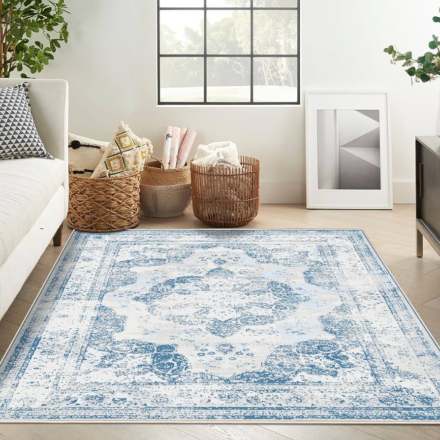 Pajata Blue and Cream Vintage 5X7 Area Rug Soft Fluffy Pile Carpet, Stain Resistant Faux Wool Sof... | Amazon (US)