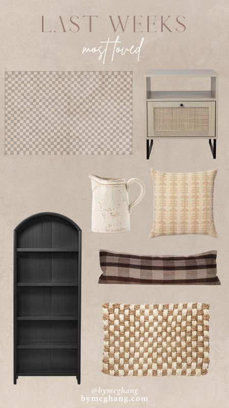 Last weeks favorite home decor items that I shared! $30 checker accent rug, $100 end table or nightstand, ceramic pitcher, throw pillow, throw pillow covers, plaid lumbar pillow, arched shelf, checkered jute door mat 

#LTKFind #LTKhome